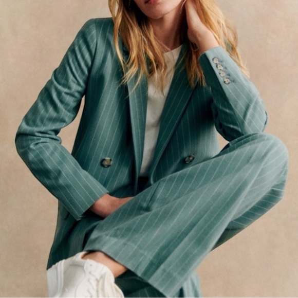 Sezane Jackets & Blazers - Sezane Christie Blazer Jacket Sage Green Ecru Pinstripe